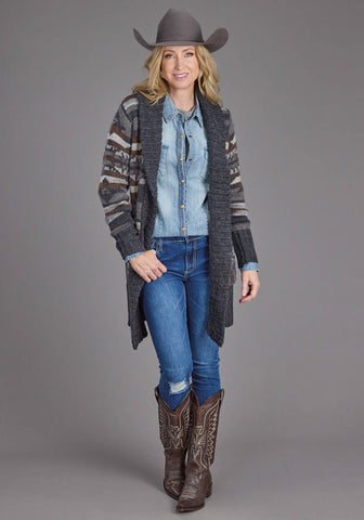 Stetson Womens Aztec Self Tie Grey/Indigo Wool Blend Cardigan Sweater