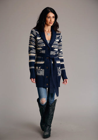 Stetson Womens Indigo Aztec Blue Wool Blend Cardigan Sweater