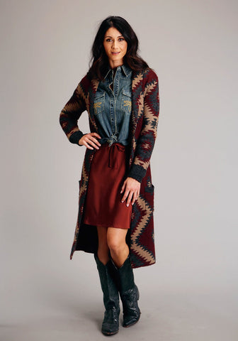 Stetson Womens Aztec Cardigan Wine Wool Blend Duster Sweater