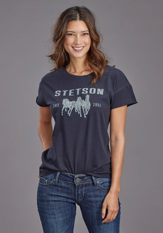 Stetson Womens Running Horses Black 100% Cotton S/S T-Shirt