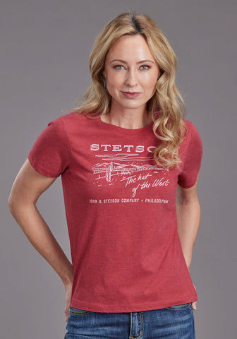 Stetson Womens The Hat Of The West Red Cotton Blend S/S T-Shirt