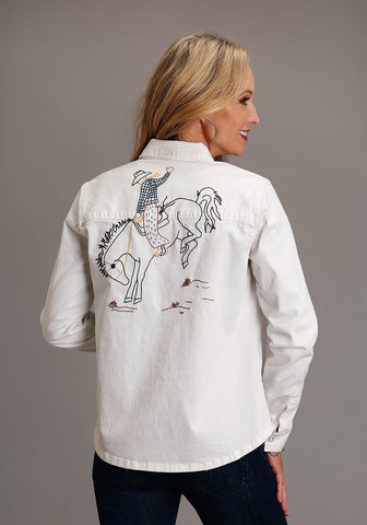 Stetson Womens Bucking Bronco White Cotton Blend L/S Shirt