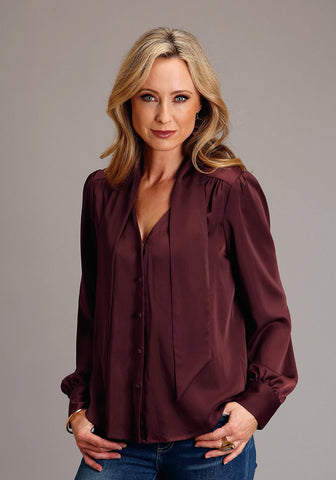 Stetson Womens V-Neck Satin Wine Poly/Rayon L/S Blouse