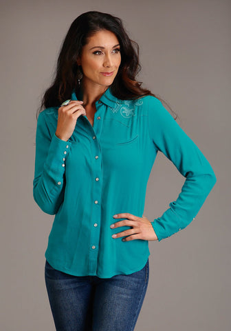 Stetson Womens Turquoise Western Embroidered Blue Rayon Blend L/S Blouse