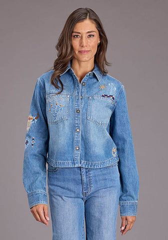 Stetson Womens Embroidered Crop Denim Medium Blue Cotton Blend L/S Blouse