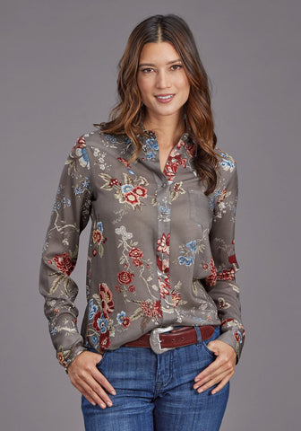 Stetson Womens Vintage Tapestry Grey 100% Rayon L/S Blouse