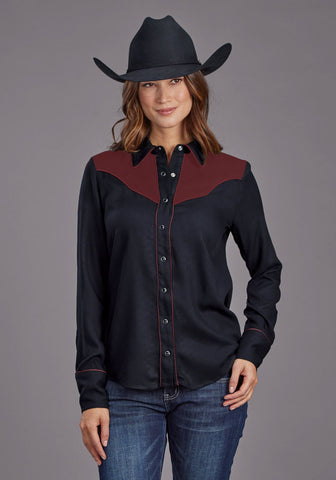Stetson Womens Western Fancy Yoked Black/Wine 100% Rayon L/S Blouse