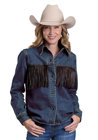 Stetson Womens Black Leather Fringe Denim Blue Cotton Blend L/S Shirt