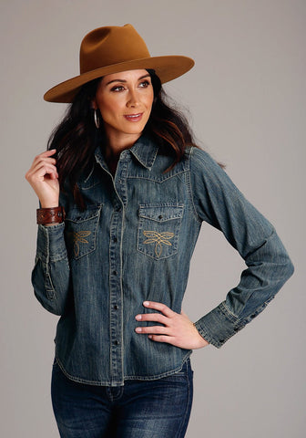 Stetson Womens Dirty Boyfriend Fit Blue Denim 100% Cotton L/S Shirt
