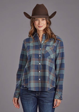 Stetson Womens Flannel Plaid Navy 100% Cotton L/S Shirt