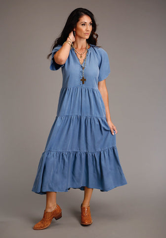 Stetson Womens 3 Tiered Blue Denim S/S Dress