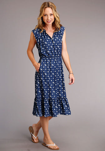 Stetson Womens Blue Rayon/Nylon Vintage Ditzy S/L Dress M