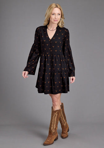 Stetson Womens Longhorn Mojave Print Black 100% Rayon L/S Dress