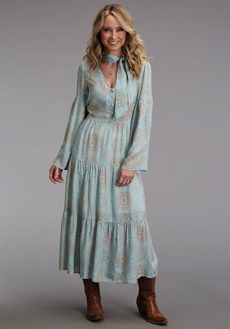 Stetson Womens 1986 Mandala Print Aqua 100% Rayon L/S Dress