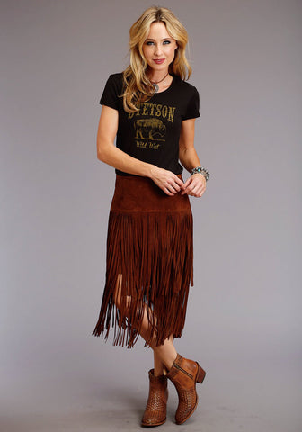 Stetson Womens Long Fringe Brown Leather Skirt