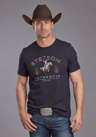 Stetson Mens Bronc Scenery Black 100% Cotton S/S T-Shirt