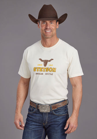 Stetson Mens Steer Head Heritage White 100% Cotton S/S T-Shirt