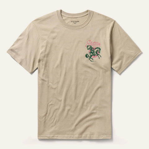 Stetson Unisex Cowboy Hat Tip on Horse Khaki 100% Cotton S/S T-Shirt