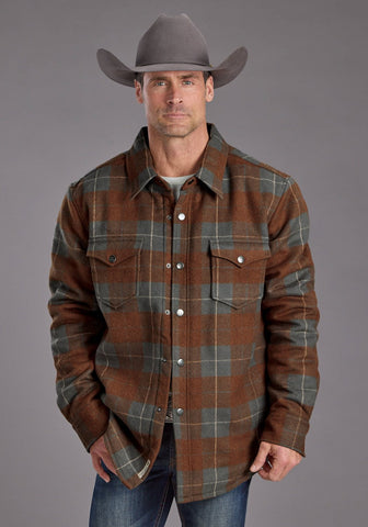 Stetson Mens Plaid Shirt Charcoal/Rust Poly/Wool Wool Jacket