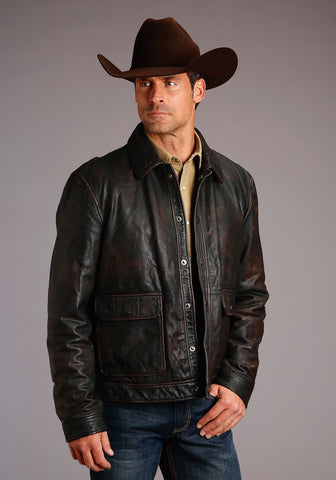 Stetson Mens Distressed Brown Leather Nickel Snap Jacket S