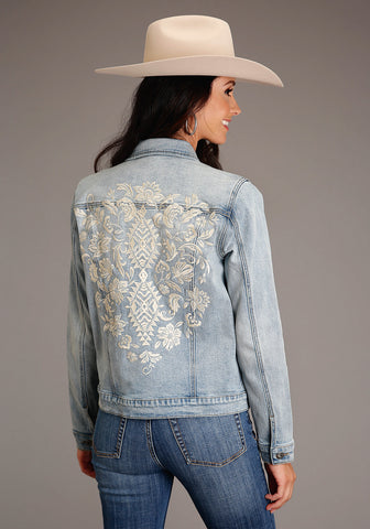 Stetson Womens Back Floral Embroidery Blue Cotton Blend Cotton Jacket