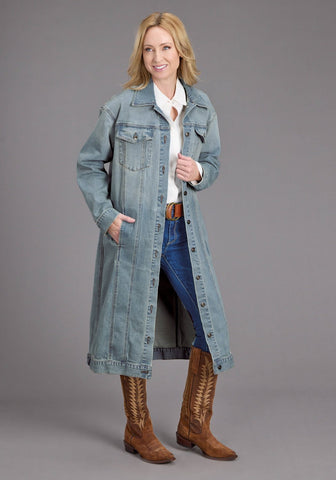 Stetson Womens Long Denim Button Front Blue Cotton Blend Cotton Jacket
