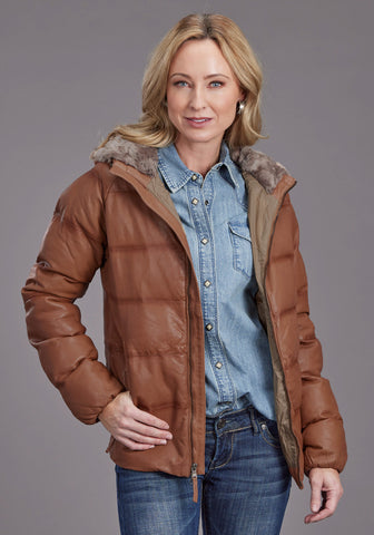 Stetson Womens Quilted Puffy Brown Leather Leather Jacket