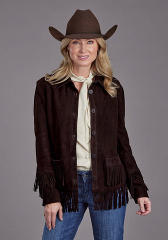 Stetson Womens Hip Length Fringe Dark Brown Suede Leather Jacket