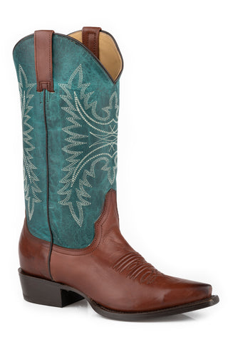 Stetson Womens Freya Brown/Turquoise Leather Cowboy Boots