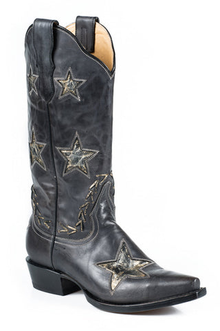 Stetson Boots Ladies Black Leather Gold 13in Star Distressed Fashion 9
