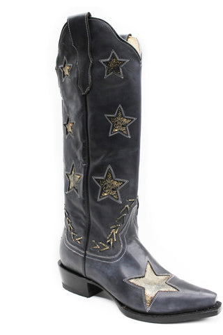 Stetson Big Star Ladies Black Leather Gold Underlay Cowboy Boots 8 M