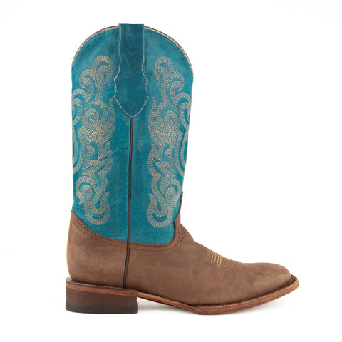 Ferrini Mens Chocolate/Turquoise Leather S-Toe Hunter Cowboy Boots