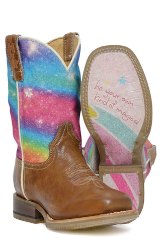 Tin Haul Kids Girls Rainbow Sparkles Brown Leather Cowboy Boots