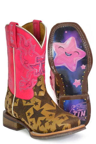 Tin Haul Kids Girls Starring Me Tan/Pink Leather Cowboy Boots