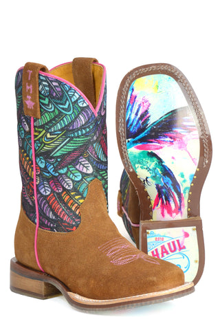 Tin Haul Girls Hummingbird Feathers Multi-Color Leather Cowboy Boots