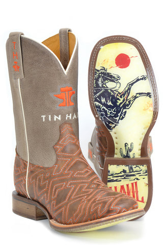 Tin Haul Mens Bucking Puzzle Brown Leather Cowboy Boots