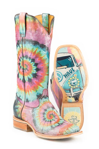 Tin Haul Womens Groovy Tie Dye Camper Multi-Color Leather Cowboy Boots 9.5