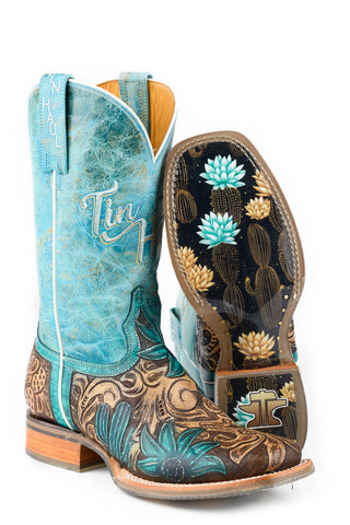 Tin Haul Womens Cactus Flower Brown/Turquoise Leather Cowboy Boots 6.5
