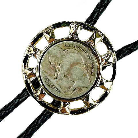 Rockmount Unisex Wagon Wheel Buffalo Nickel Gold Leather Bolo Tie