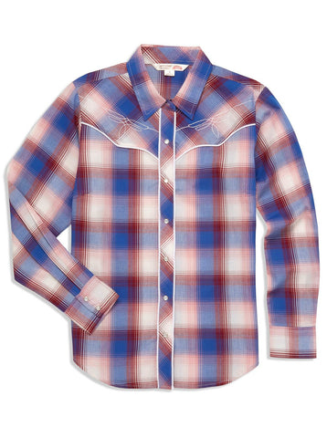 Ely and Walker Womens Bootstitch Embroidery Plaid Burgundy Poly/Cotton L/S Shirt