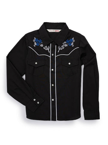 Ely and Walker Kids Girls Floral Embroidery Solid Black Poly/Cotton L/S Shirt