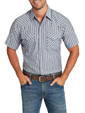 Ely and Walker Mens Stripe Western Snap Blue Poly/Cotton S/S Shirt