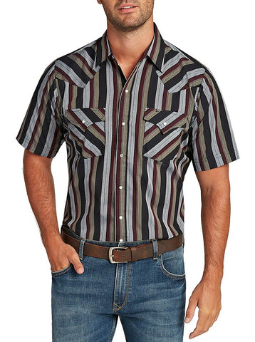 Ely and Walker Mens Stripe Western Snap Burgundy Poly/Cotton S/S Shirt
