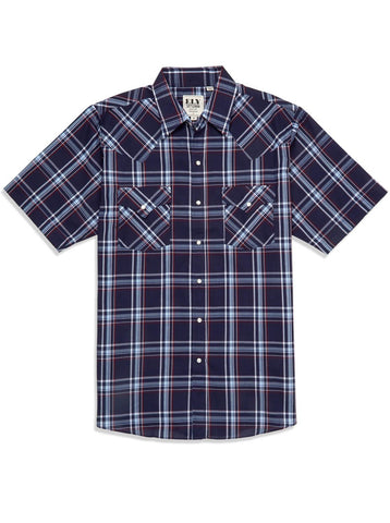 Ely and Walker Mens Plaid Western Snap Navy Poly/Cotton S/S Shirt