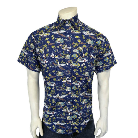 Rockmount Mens Hawaiian Print Western Blue 100% Cotton S/S Shirt