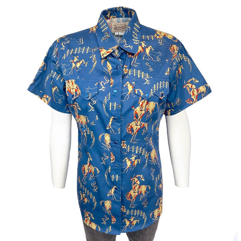 Rockmount Womens Vintage Bronc Print Blue 100% Cotton S/S Shirt