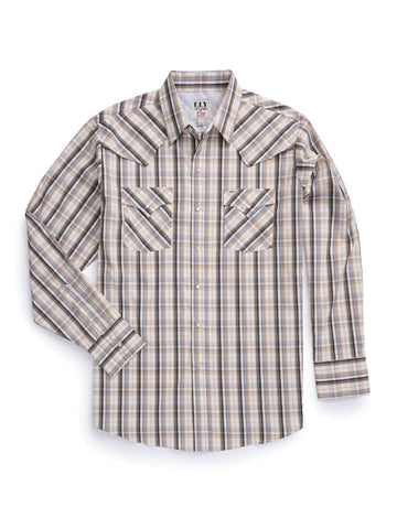 Ely and Walker Mens Plaid Vented Stretch Western Tan Poly/Nylon L/S Shirt