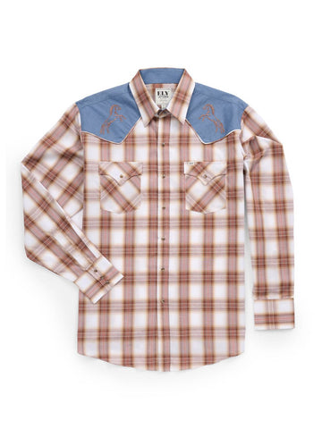 Ely and Walker Mens Horse Embroidery Plaid Tan Poly/Cotton L/S Shirt