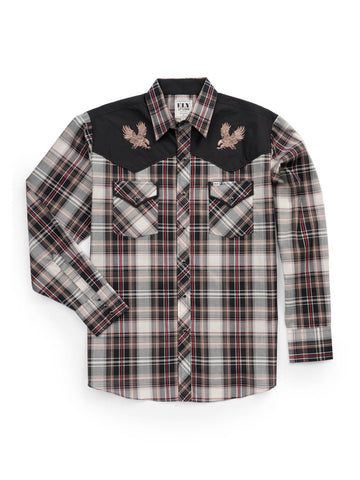 Ely and Walker Mens Eagle Embroidery Plaid Khaki Poly/Cotton L/S Shirt