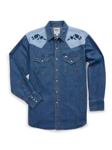 Ely and Walker Mens Rose Retro Contrast Blue 100% Cotton L/S Shirt